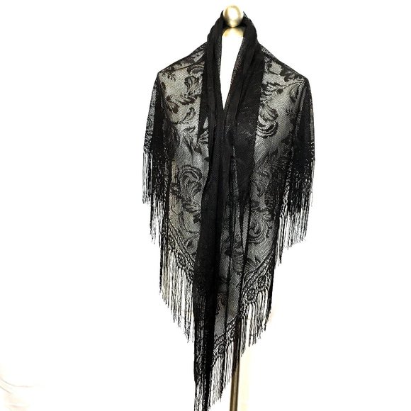 90’s Black Fishnet Wrap Shawl Triangle w/ Fringe Vtg